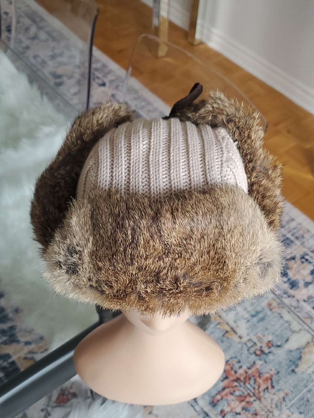Real Rabbit Fur Cable Knit Trapper Hat - Picture 6 of 11